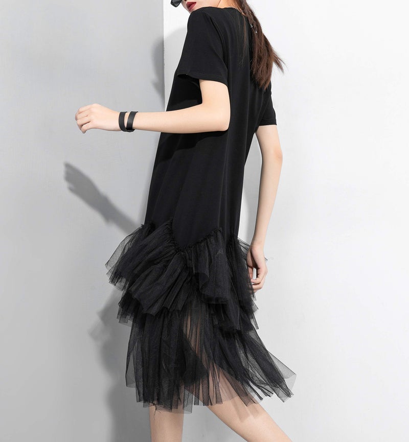 ellazhu Women's Casual Short Sleeve Crew Neck Tutu Tulle Dress with an Oversized Fit GY2266 Black - Image 3